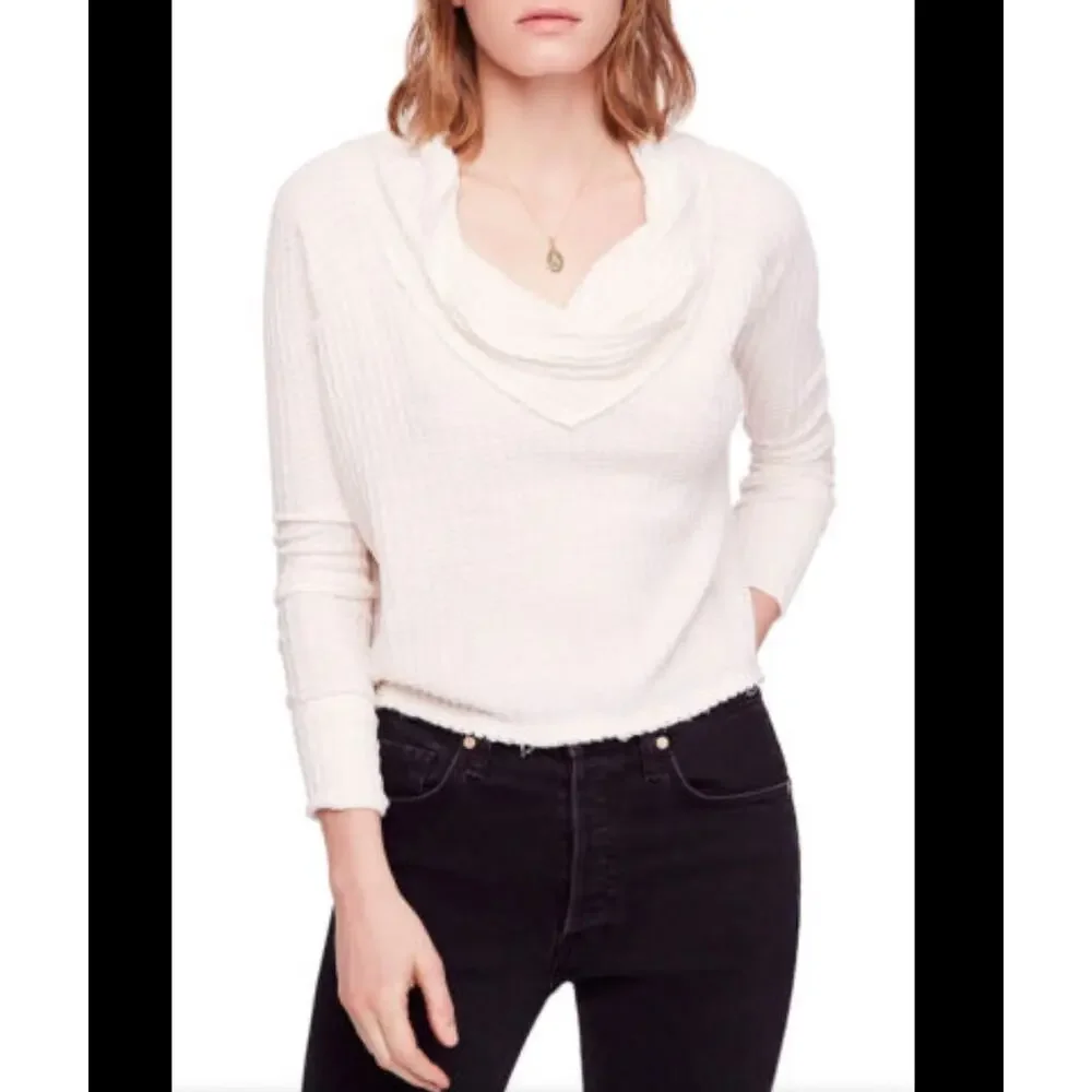 Free People We The Free White Wildfox Waffle Knit Long Sleeve Draped Neck Top XS